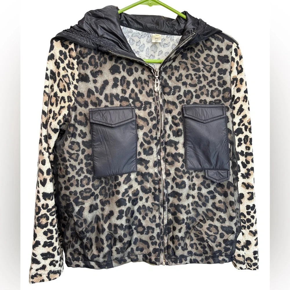 Leopard Print Jacket with Chiffon overlay and Black Accents Medium - Picture 1 of 5